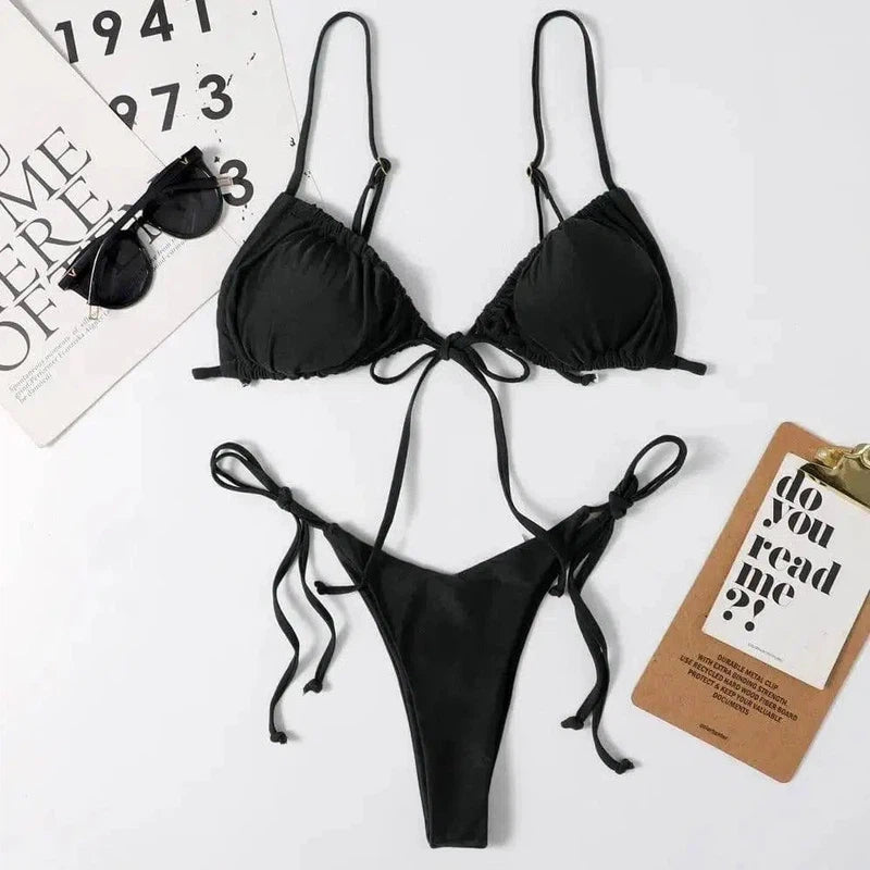 Ladies Swimsuit Solid Color Split Drawstring Thong-Black-13