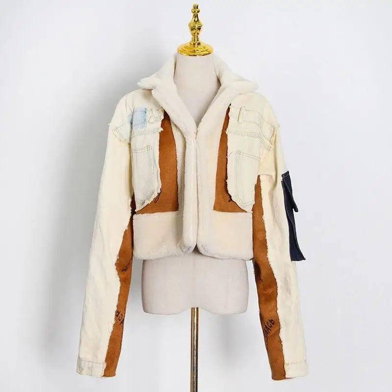 Lamb wool loose thick denim jacket-Beige-2