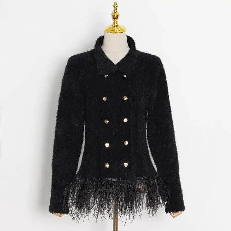 Lapel Long Sleeve Slim Double Breasted Tassel Coat Women-Black-4