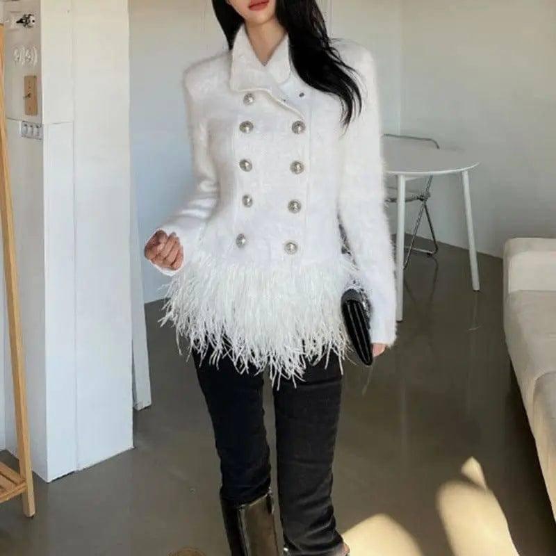 Lapel Long Sleeve Slim Double Breasted Tassel Coat Women-6