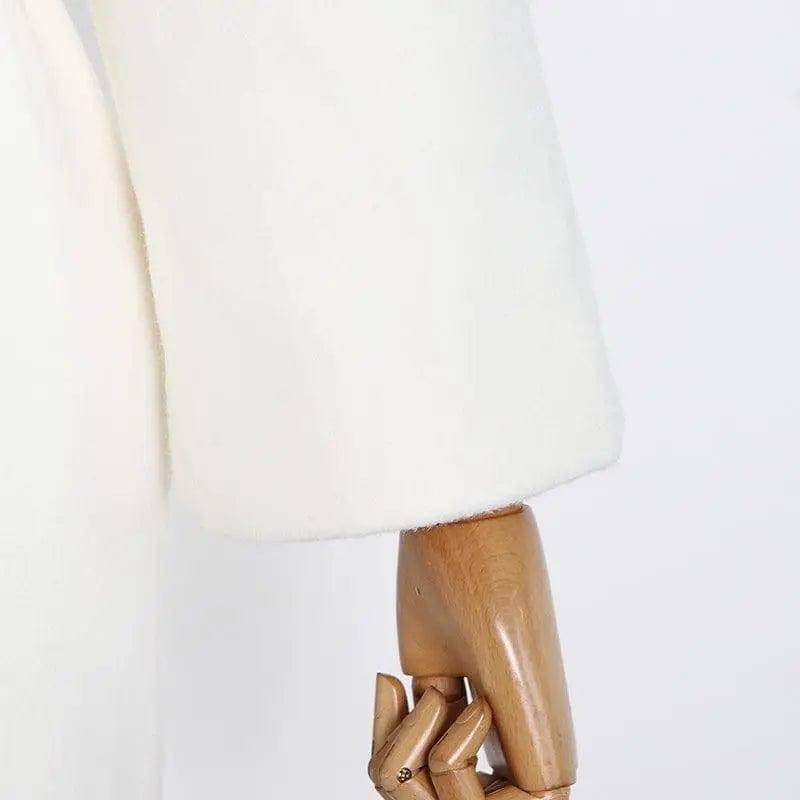 Lapel Waist White Mid-length Woolen Coat-3