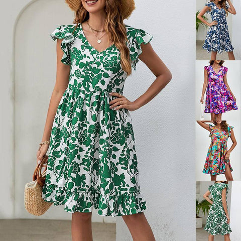 Leaf Print Dress Summer V-neck Ruffled Sleeveless A-Line-1