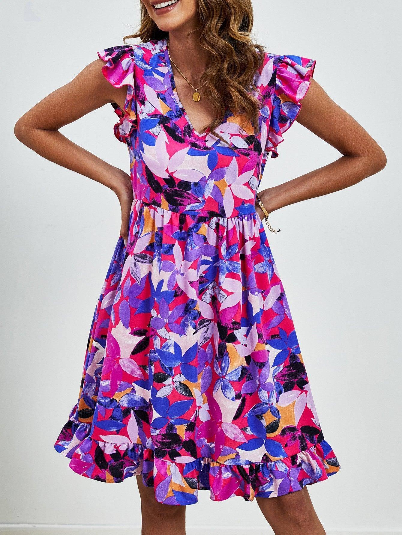 Leaf Print Dress Summer V-neck Ruffled Sleeveless A-Line-Purple-3