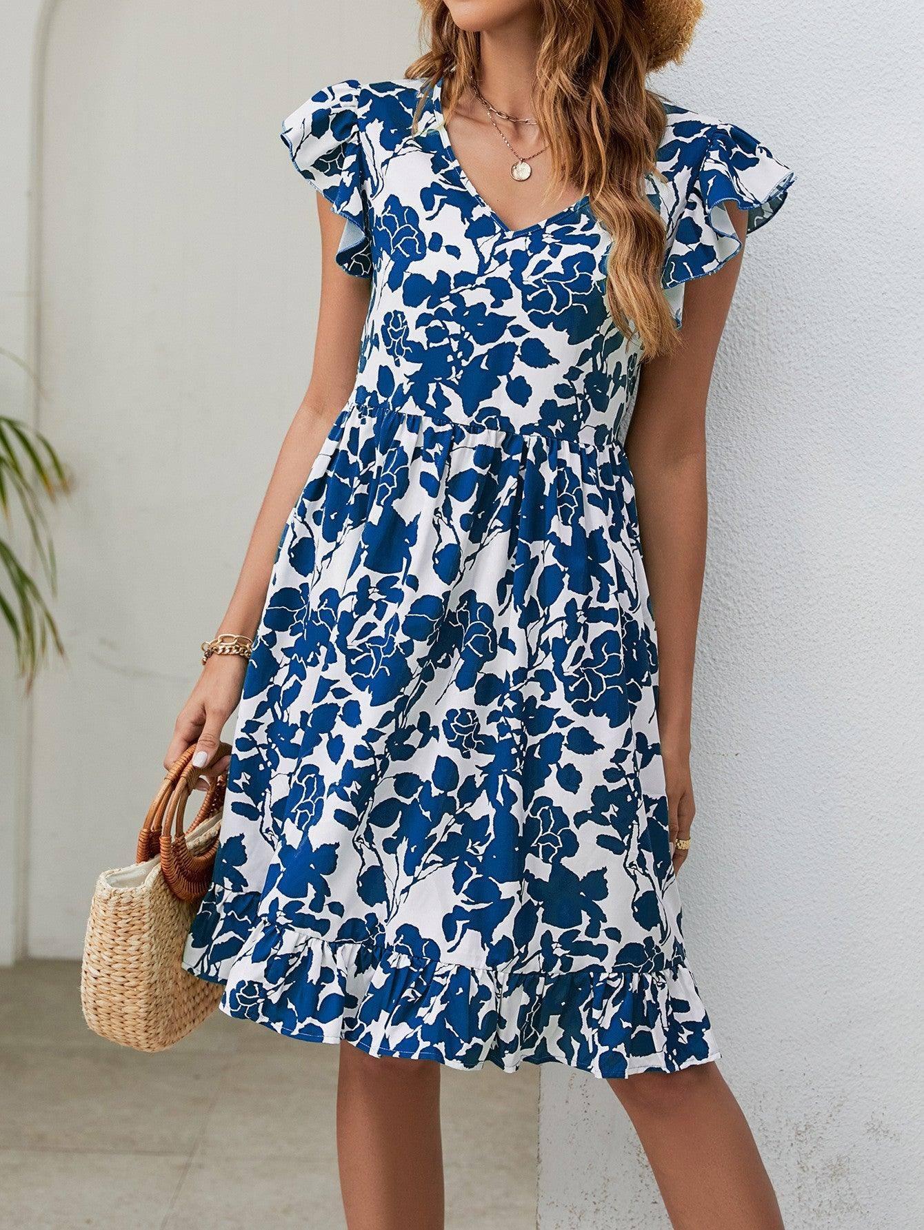Leaf Print Dress Summer V-neck Ruffled Sleeveless A-Line-Navy Blue-4