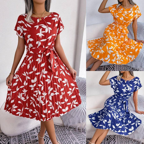 Leaf Print Dress Women Short Sleeve Lace-up Skirt Summer-1