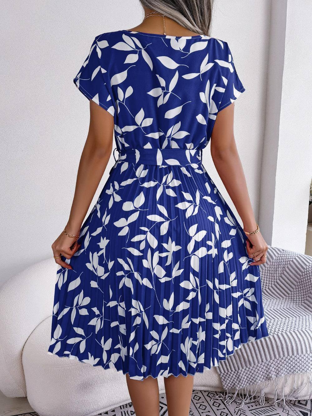 Leaf Print Dress Women Short Sleeve Lace-up Skirt Summer-3