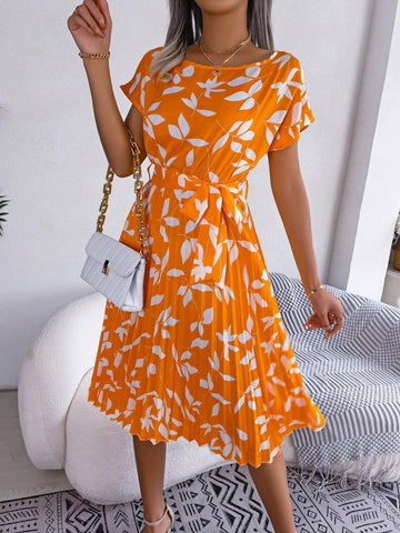 Leaf Print Dress Women Short Sleeve Lace-up Skirt Summer-5