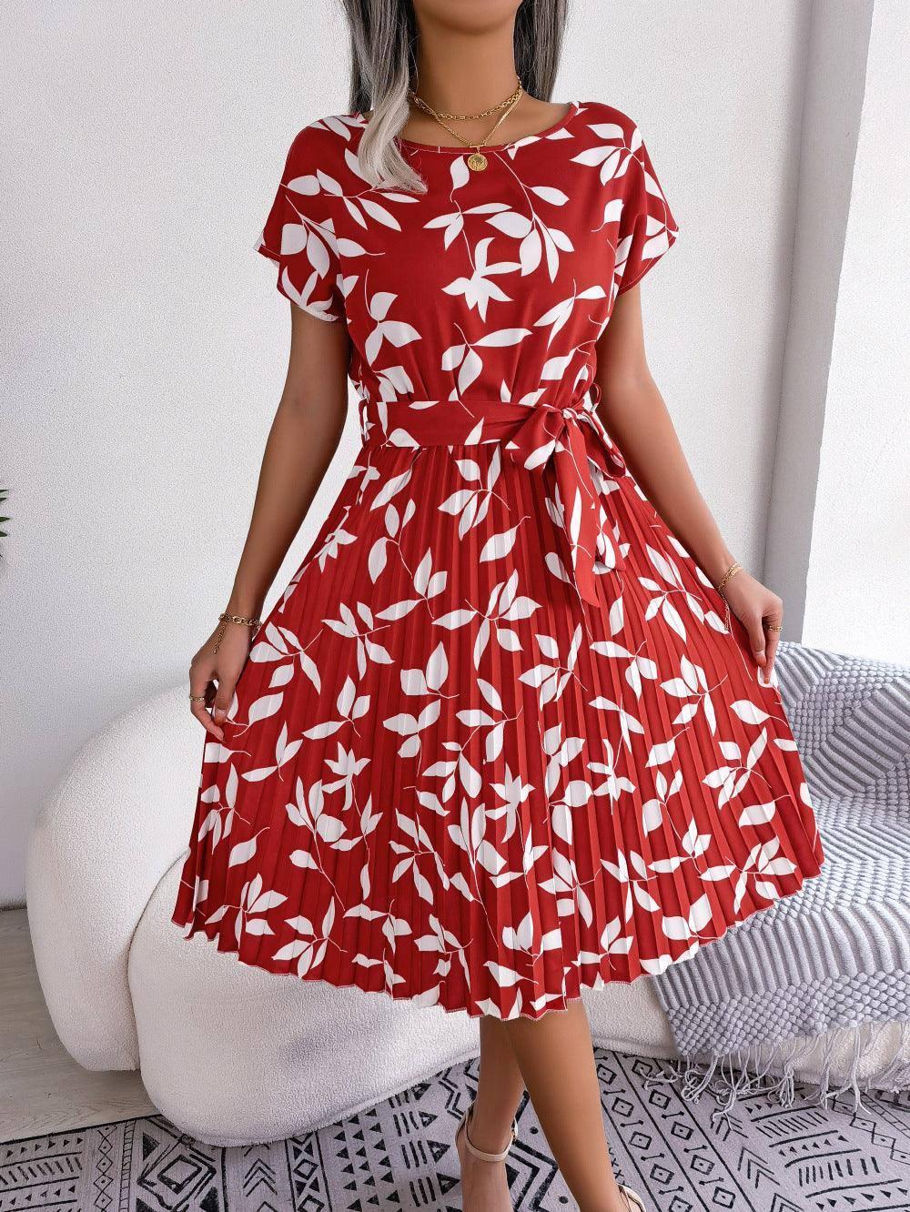Leaf Print Dress Women Short Sleeve Lace-up Skirt Summer-Wine red-6
