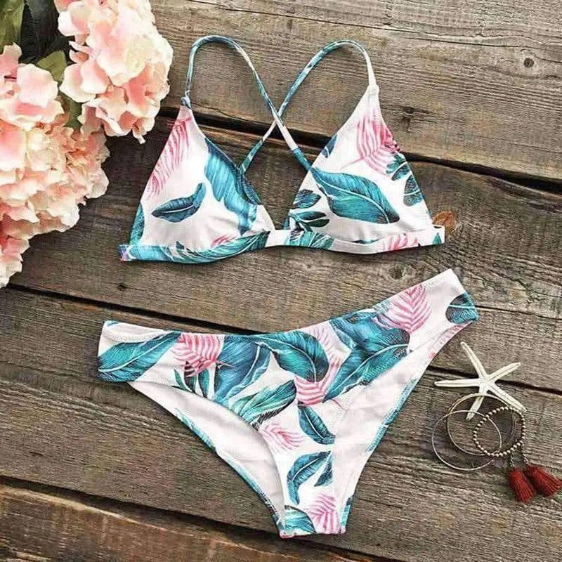 Leaf Print Lace Split Bikini Ladies Swimsuit-Green-1