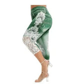 LOVEMI  Leggings Green / L Lovemi -  Imitation Denim Lace Stitching Print Leggings Woman