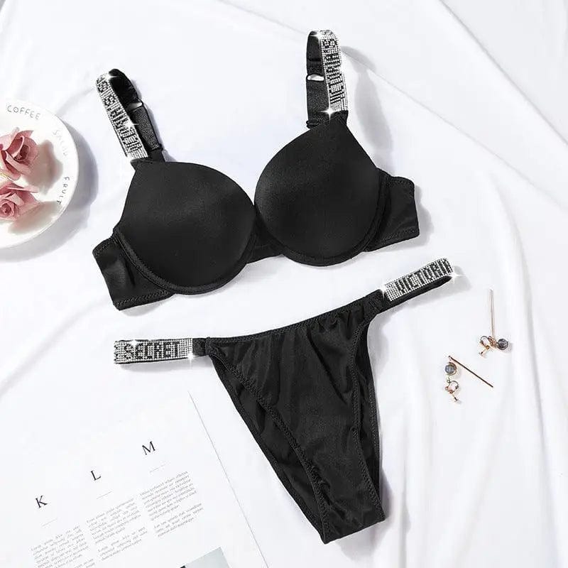 LOVEMI  Lingerie set Black / 75B Lovemi -  Sexy Letter Rhinestone Lingerie Briefs Set Push Up Bra Panty