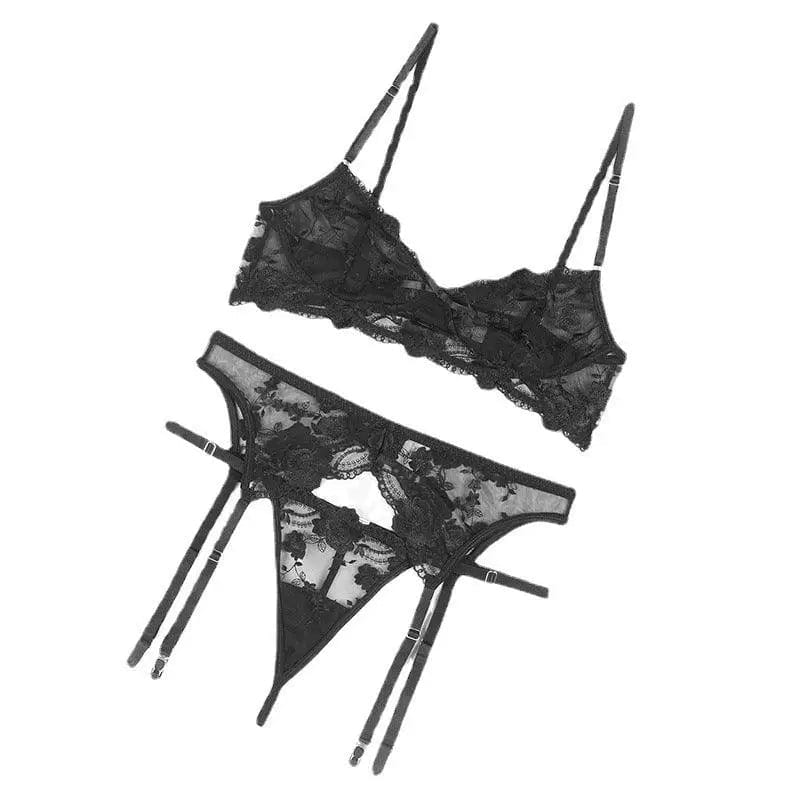 LOVEMI  Lingerie set Black / S Lovemi -  Lace Embroidered Bra, Panties, Garter Belt, Three-piece
