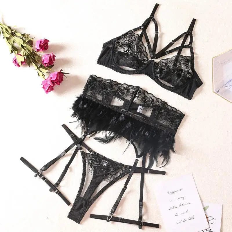 LOVEMI  lingerie set Black / S Lovemi -  New Feather Embroidered Sexy Lingerie Three Piece Set