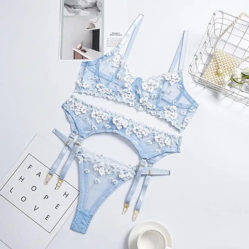 LOVEMI  lingerie set Blue / S Lovemi -  Sexy Lingerie Ladies Three-piece Embroidered Steel Ring