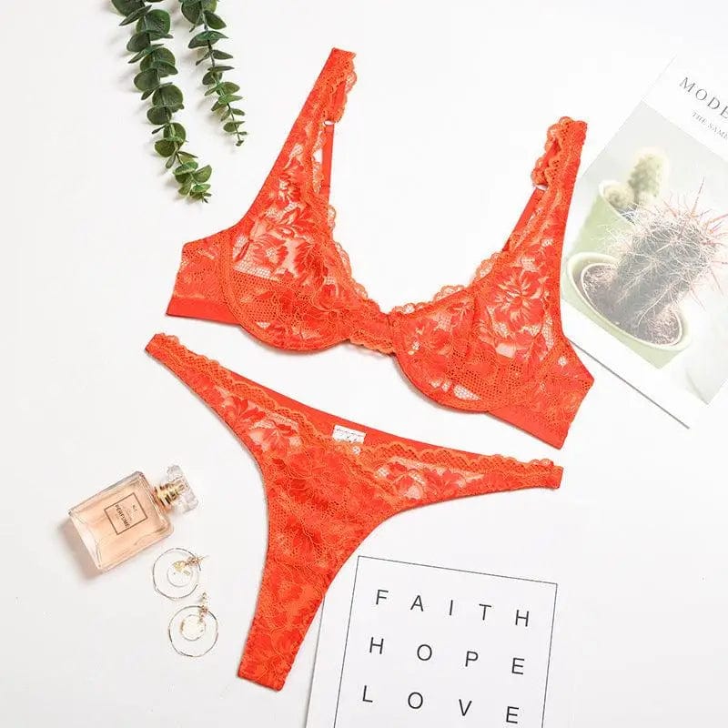 LOVEMI  Lingerie set Orange / S Lovemi -  Two-tone Lace Sexy Lingerie With Steel Ring Women Suit