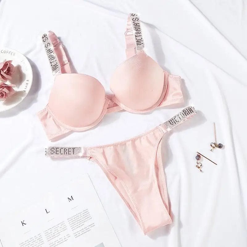 LOVEMI  Lingerie set Pink / 75B Lovemi -  Sexy Letter Rhinestone Lingerie Briefs Set Push Up Bra Panty