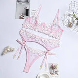 LOVEMI  lingerie set Pink / S Lovemi -  Sexy Lingerie Ladies Three-piece Embroidered Steel Ring
