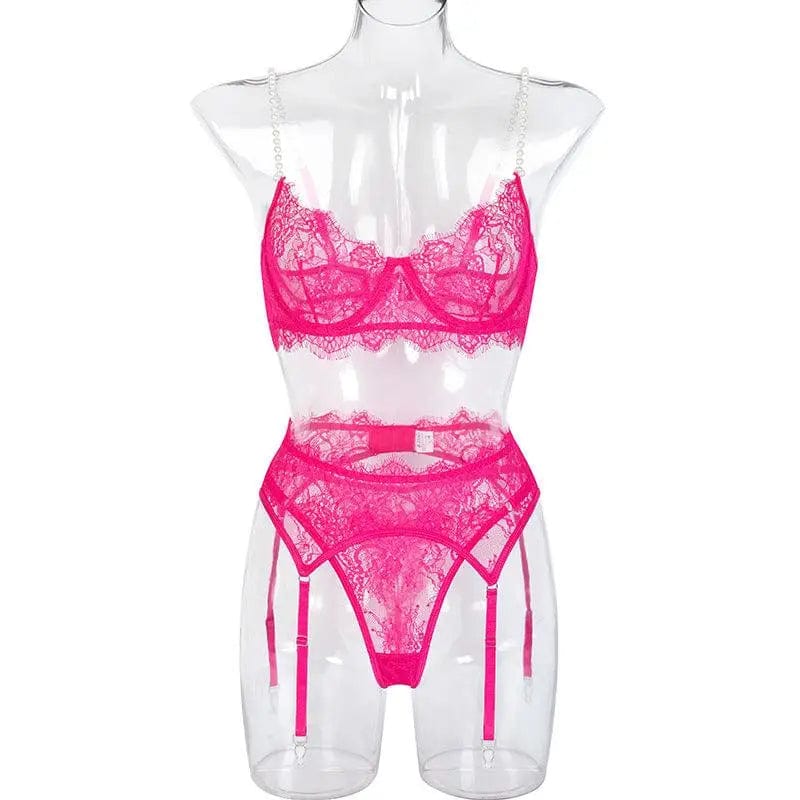 LOVEMI  Lingerie set Pink / S Lovemi -  Women's Embroidered Lace Mesh Pearl Sling Lingerie Three