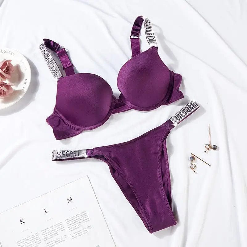 LOVEMI  Lingerie set Purple / 75B Lovemi -  Sexy Letter Rhinestone Lingerie Briefs Set Push Up Bra Panty