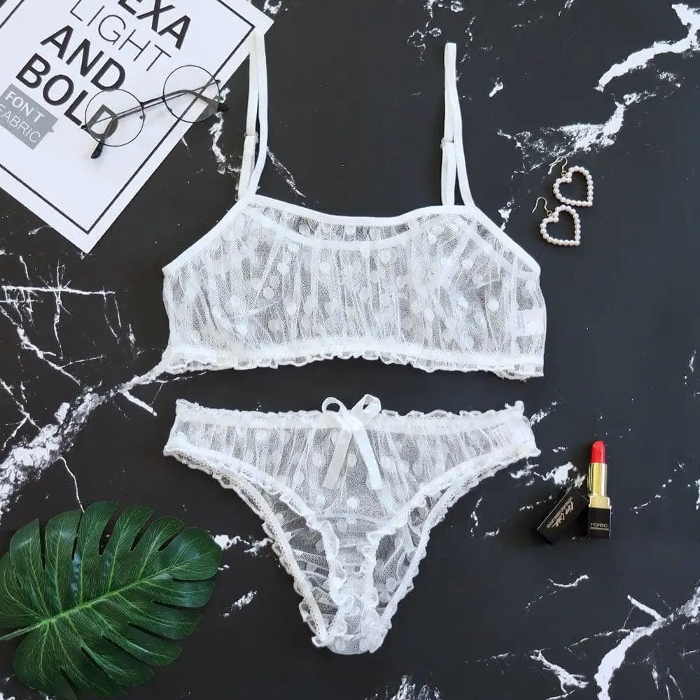 LOVEMI  lingerie set White / L Lovemi -  Ruffled transparent polka dot dew sexy lingerie
