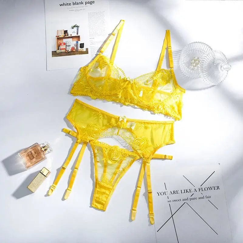 LOVEMI  Lingerie set Yellow / L Lovemi -  Lace Embroidered Bra, Panties, Garter Belt, Three-piece