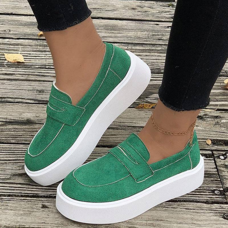 Loafers Platform Round Toe Slip-on Shoes For Women Outdoor-Green-3