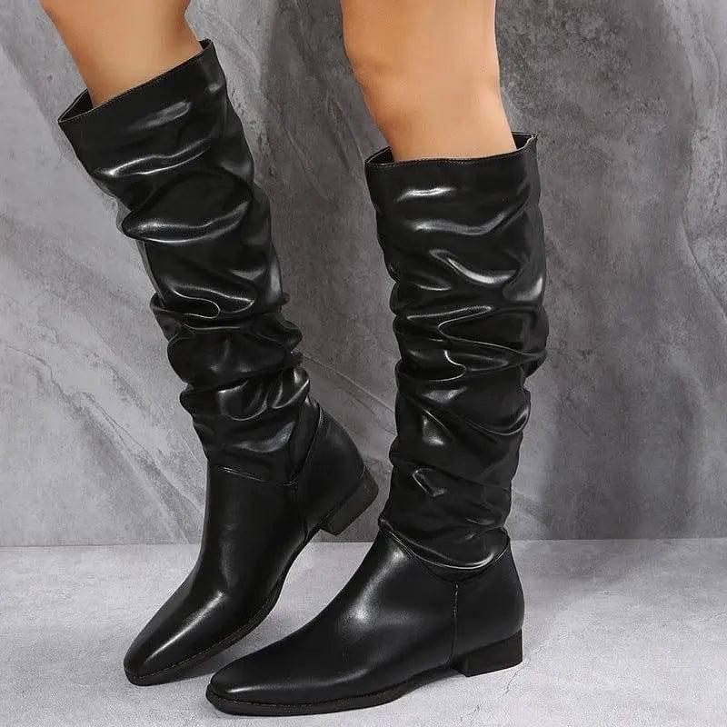 Long Boots White Cowboy Boots Women Pointed Toe Shoes-Black-2