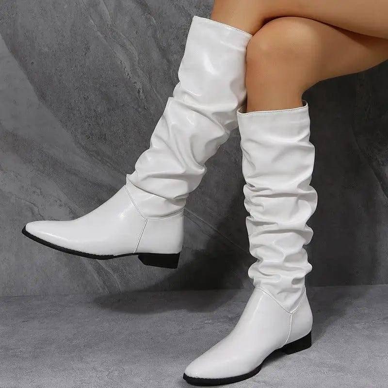 Long Boots White Cowboy Boots Women Pointed Toe Shoes-White-3