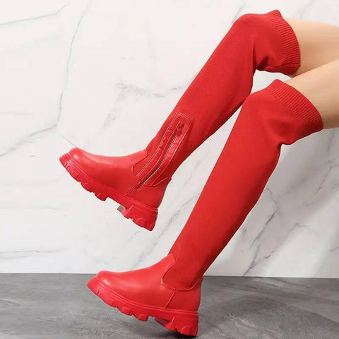 Long Boots Women Winter Shoes Fashion Side Zipper Knee High-Red-3
