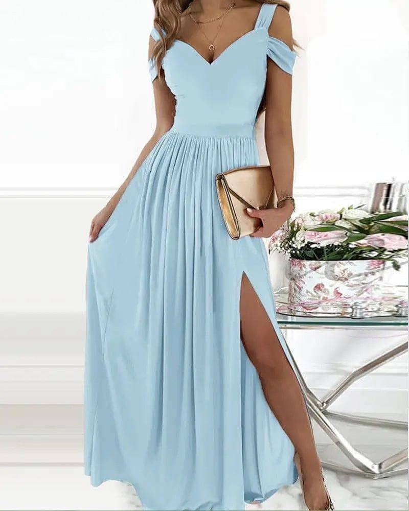 Long Floor Length Elegant Greek Style Chiffon Pleated Dress-Sky blue-14