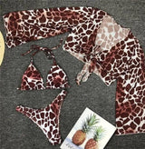 Long Sleeve Bikini Swimwear Women Three Pieces Leopard-Brown-5