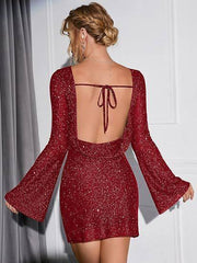 Long Sleeve Short Dress Women Sparkling Sequin Backless Lace-4