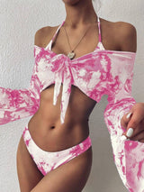 Long sleeve three piece leopard print bikini-Pink-3