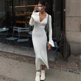 Long Sleeve Women's Knitted Deep V Dress-White-3