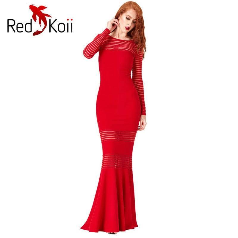 Long Slim Stripe Perspective Mermaid Dress-Red-9