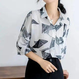 Women's Printed Long Sleeve Blouse-White-2