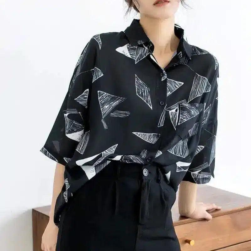 Women's Printed Long Sleeve Blouse-Black-4