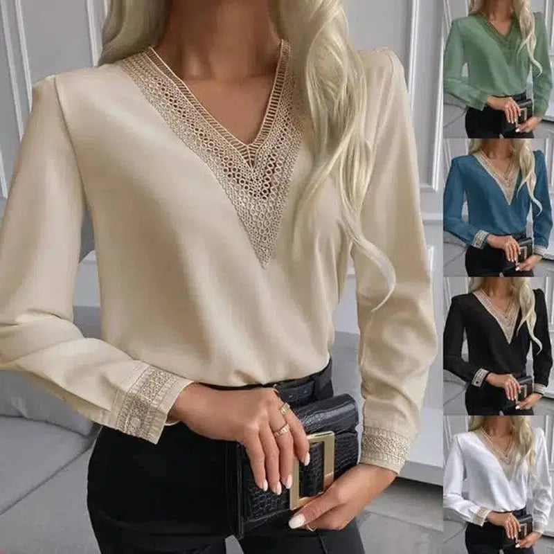 Autumn Lace Long-Sleeved V-Neck Shirt-1