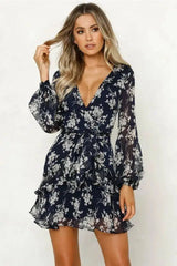 Autumn new fashion flower print long sleeve dress-White-10