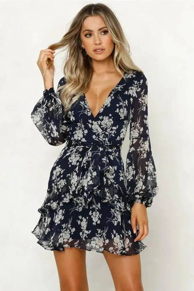 Autumn new fashion flower print long sleeve dress-White-22