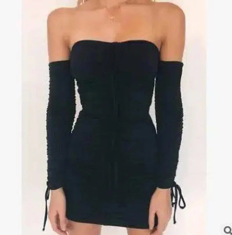 Bandage Dress Women Off Shoulder Long Sleeve Slim-Black-19