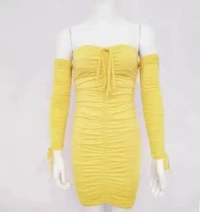 Bandage Dress Women Off Shoulder Long Sleeve Slim-Yellow-26