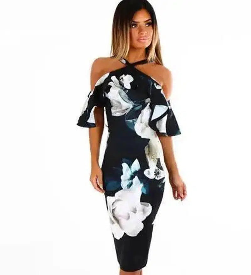 Bodycon Dress Halter Off Shoulder Robe Elegant Summer-Darkblue-10