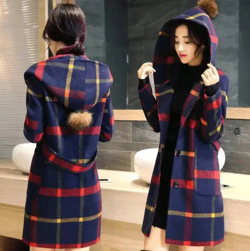 LOVEMI - Lovemi - British College wind wool coat plaid long hooded