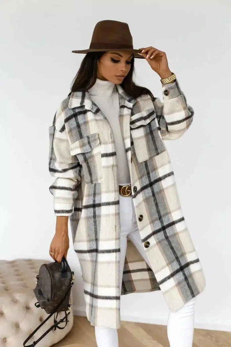 LOVEMI - Lovemi - Button lapel casual warm plaid long woolen coat