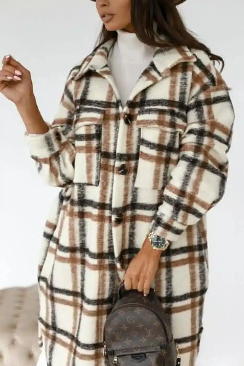 LOVEMI - Lovemi - Button lapel casual warm plaid long woolen coat