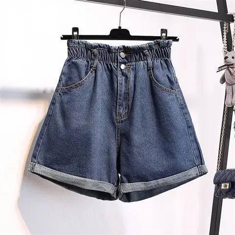 Calyx elastic waist denim shorts female summer high waist-NavyBlue-21