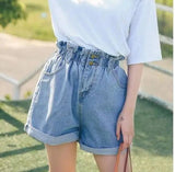 Calyx elastic waist denim shorts female summer high waist-Wathet-46