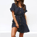 Casual polka-dot high-rise strap V-neck chiffon ladies dress-Blue-12