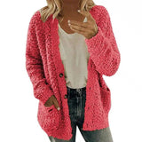 Women's Fuzzy Knit Cardigan with Pockets-Pink-3